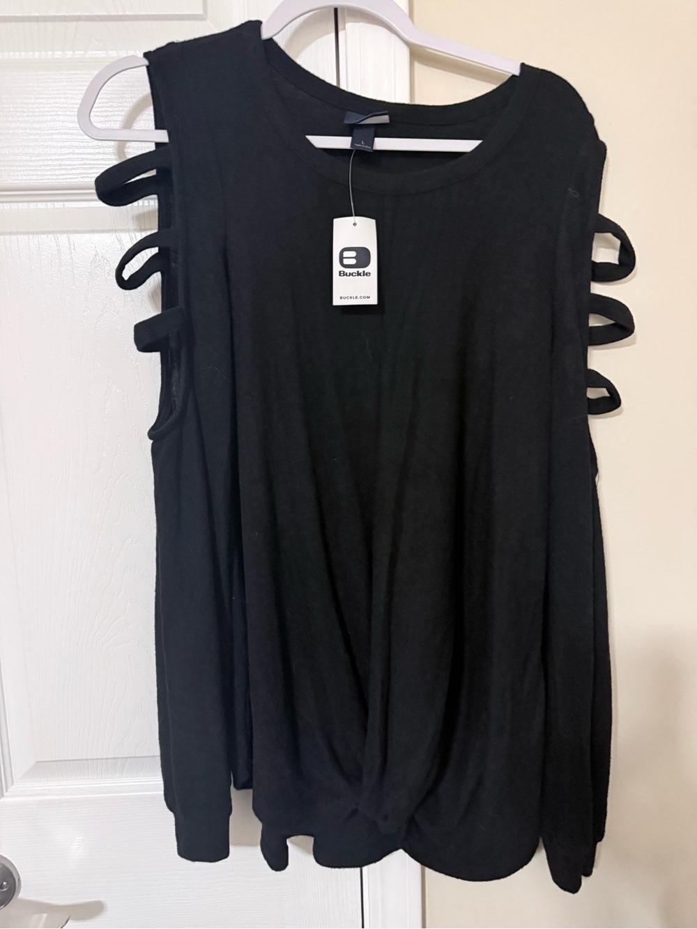 Buckle Black Cold-Shoulder Twist-Hem Tank Top